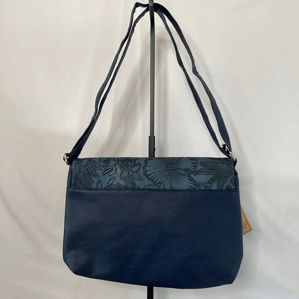Gold Coast navy blue floral embossed flap adjustable crossbody strap pockets